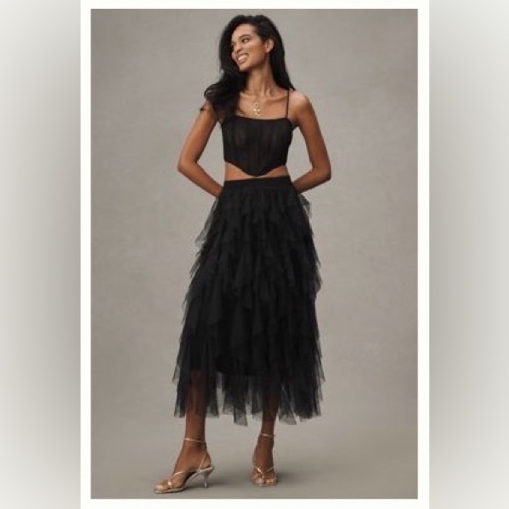 Anthropologie Cheri Ruffle Tulle Midi Skirt —BLACK—MED-WORN
